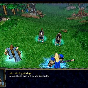 Captain Falric, Prince Arthas Menethil, and Uther the Lightbringer. Notice the new units and the return of the horses without their knights.