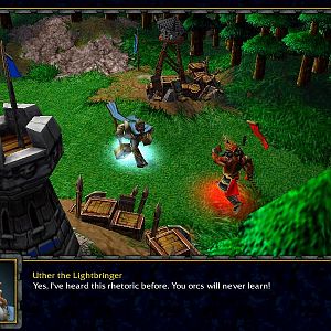 Notice the new units, including the devious Blademaster of the Blackrock Clan, Lahai. Both Blademaster and Uther charge at one another to finish their