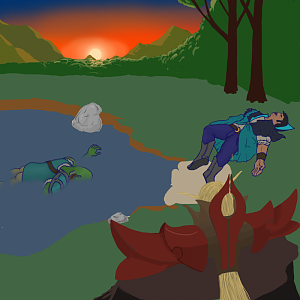 Vengencekael arrives to the Lake of the broken Hearts. Kari and Am'ar Kaardos laying dead after the deadly battle between them. 
He revives Am'ar, an