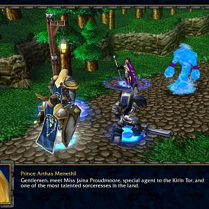 Prince Arthas Menethil, Captain Falric, Captain Marwynn, and two Alliance soldiers await the arrival of Lady Jaina Proudmoore. Only for her arriving w