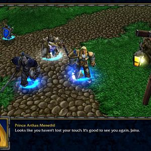 Prince Arthas Menethil, Captain Falric, Captain Marwynn as they appear with their two Alliance soldiers discussing the situation of the current Plague