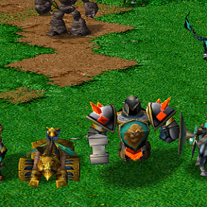 The new and improved units of the High Elves, from left to right: Worker, Swordsman, Archer (Ranger behind), Judicator, Ballista, Guardian, Skirmisher
