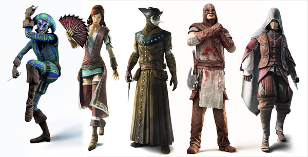 1: harlyqueen 2: courtisan : 3 doctor : 4 executanior :5 prowler 

 multiplayer charachters