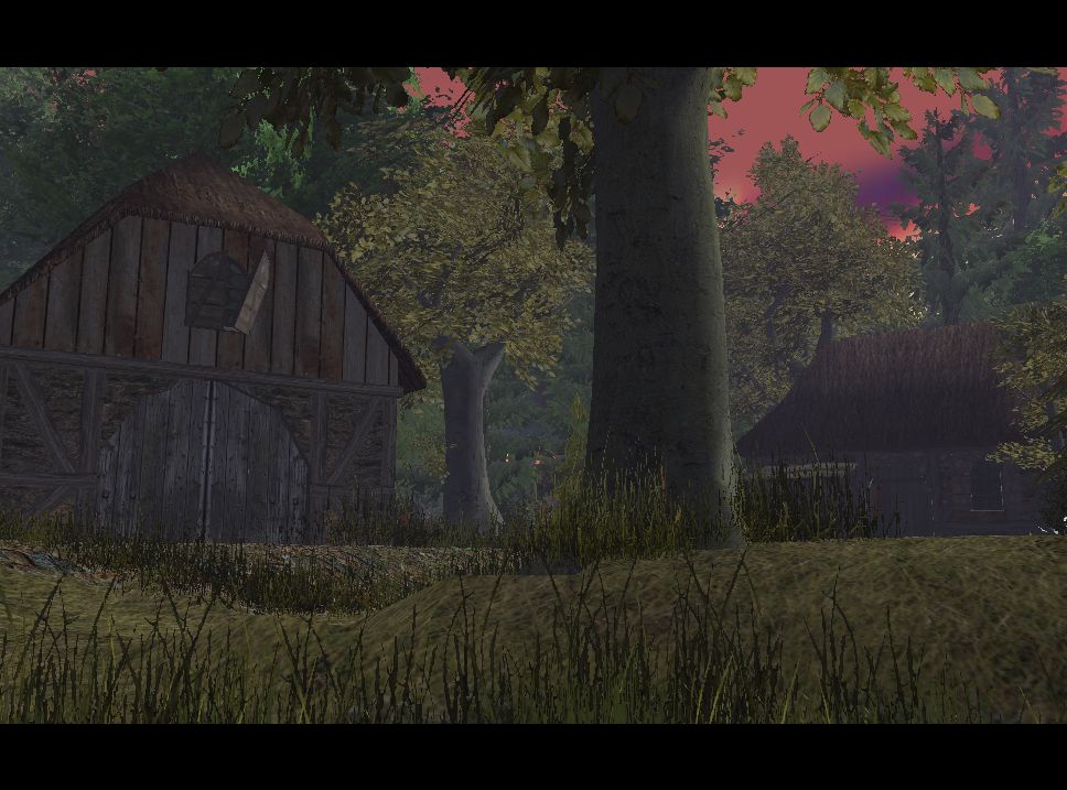 A barn is visible while peaking over the tall grasses with a cute farm house in the background.