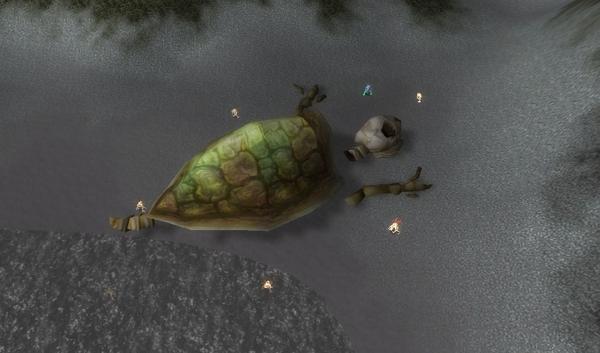 A Beached sea turtle on the shore of Darkshore. Surrounded by Mur'guls which have consumed the flesh of the creature and occasionally will use the she