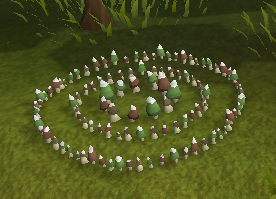 A bunch of mushrooms formed to make a "fairy ring", even the little mushrooms have shadows. You won't be hippin' on these because you can't.