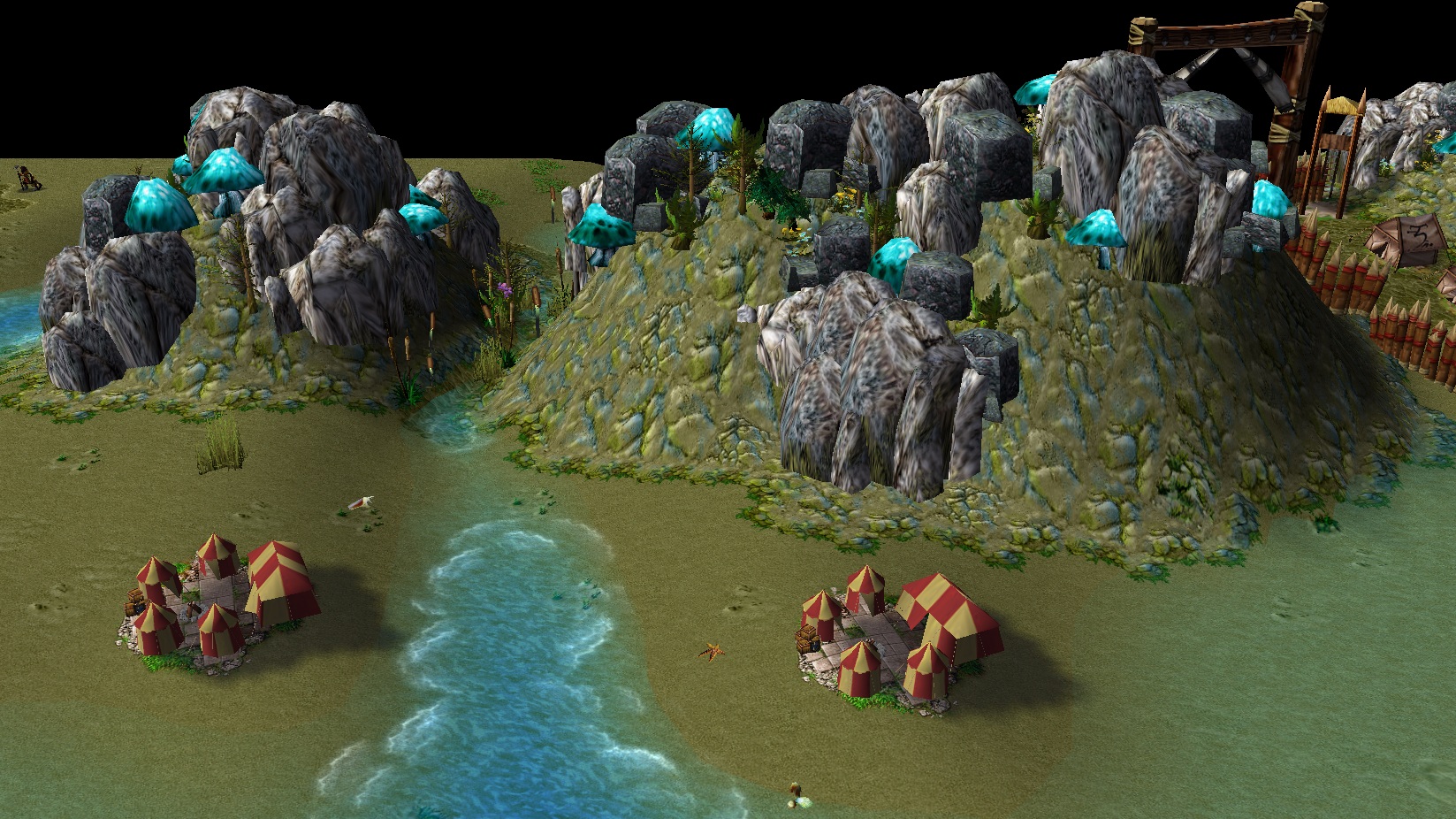 A cliff in the first chapter. It has a stream, connecting to a river and an ocean, crossing it.