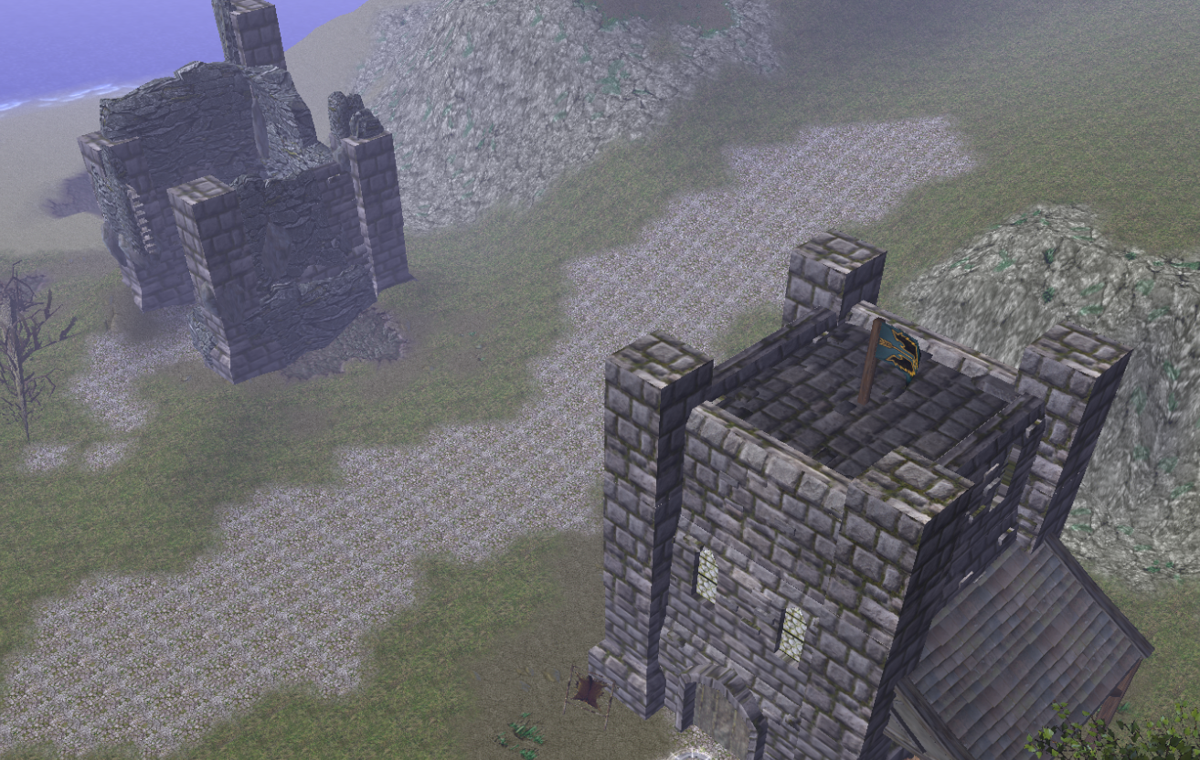 A couple of towers, one of which has been ruined by enemies