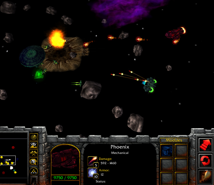 A display of weapon system features in Solar Conquest. 

Top right ship: A Phoenix Capital ship using homing drones as a weapon against enemies.