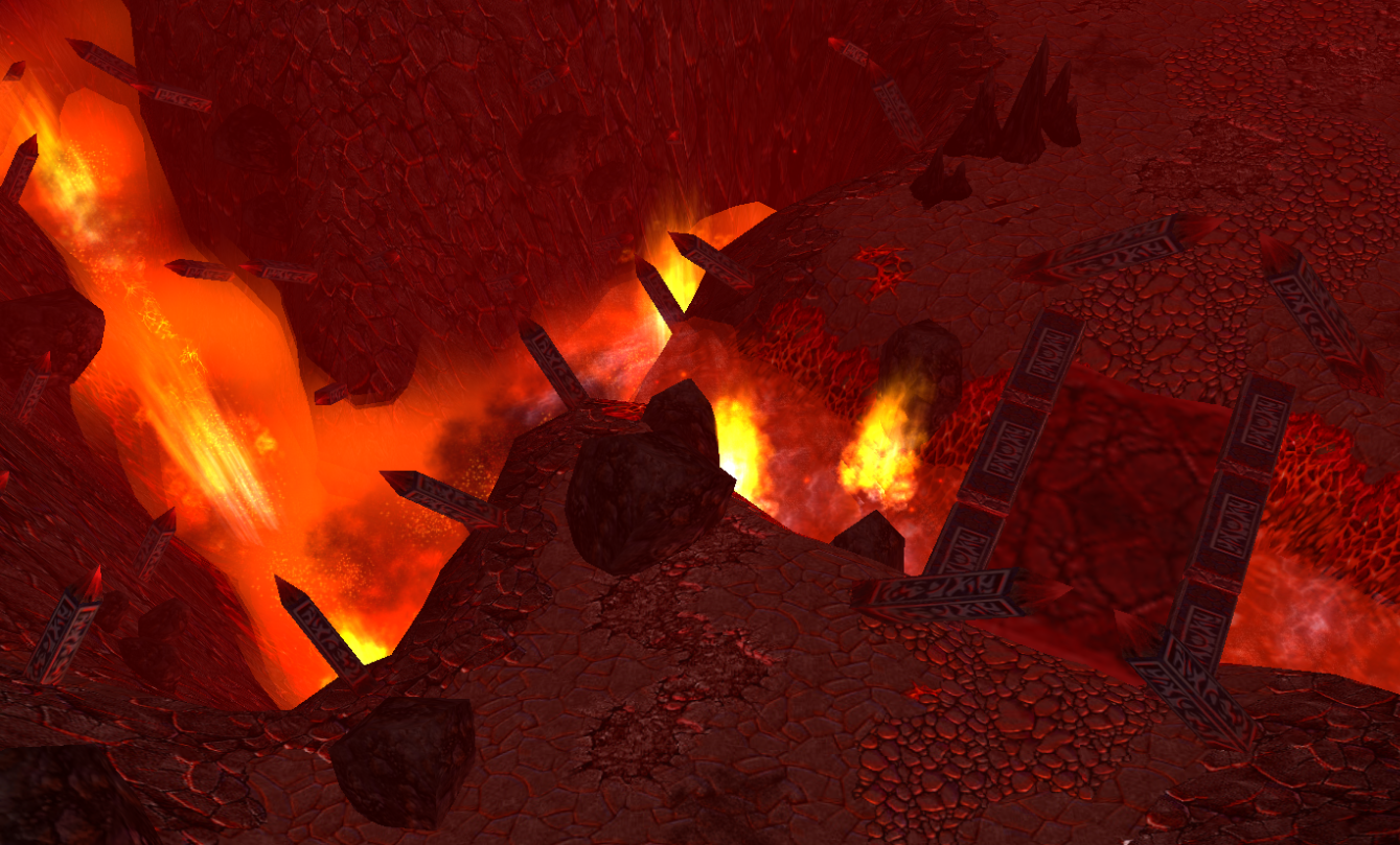 A fiery pit with a lava flow spilling into it.