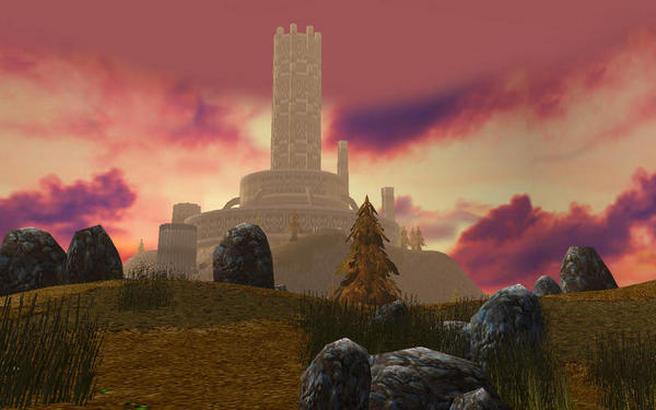 A large Fortress on a hill in the distance.