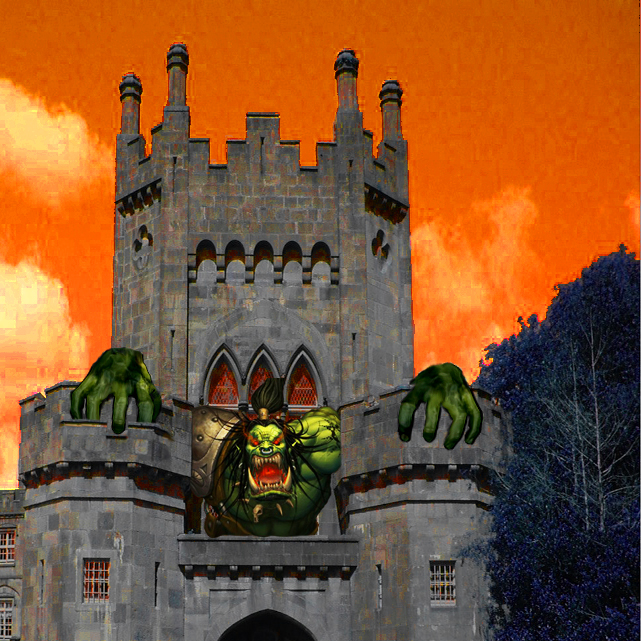A load screen request. The Orc center picture was a part of the request.

The castle is a photo from a nurse home

The hands (actually just one ha