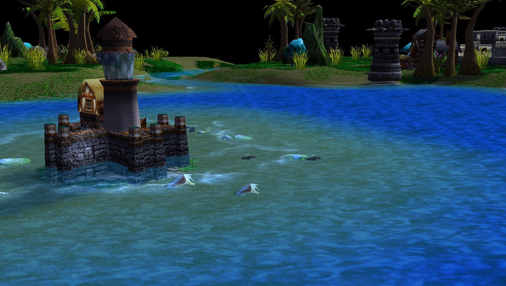 A panoramic view of some land, including part of the Sivlspikian base and a harbor.