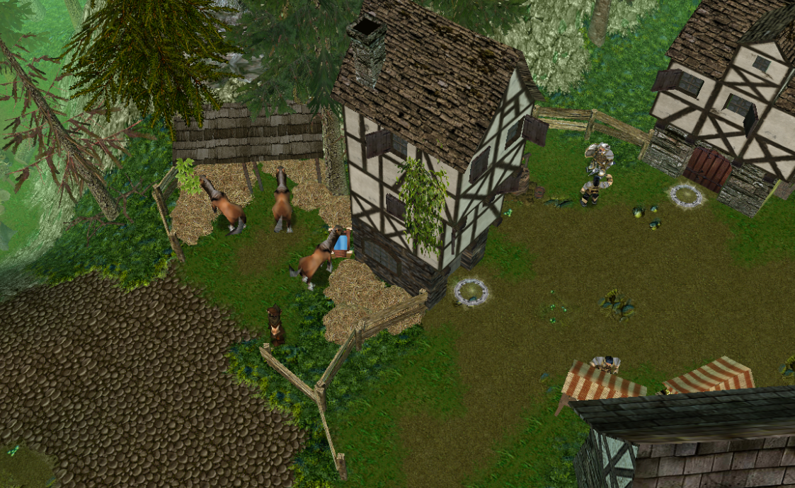 A picture of the mining village near the Forest's edge. There is a stable here to allow for fast traveling.