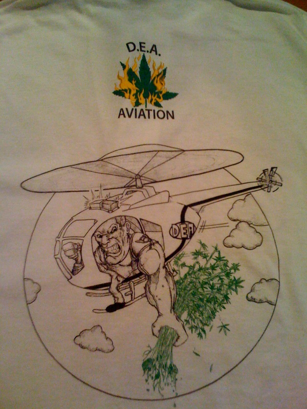 A poor quality photo of a T shirt logo I was (pot leaf and the main pic below it) commissioned to do for the D.E.A.

I was told this wasn't the fina