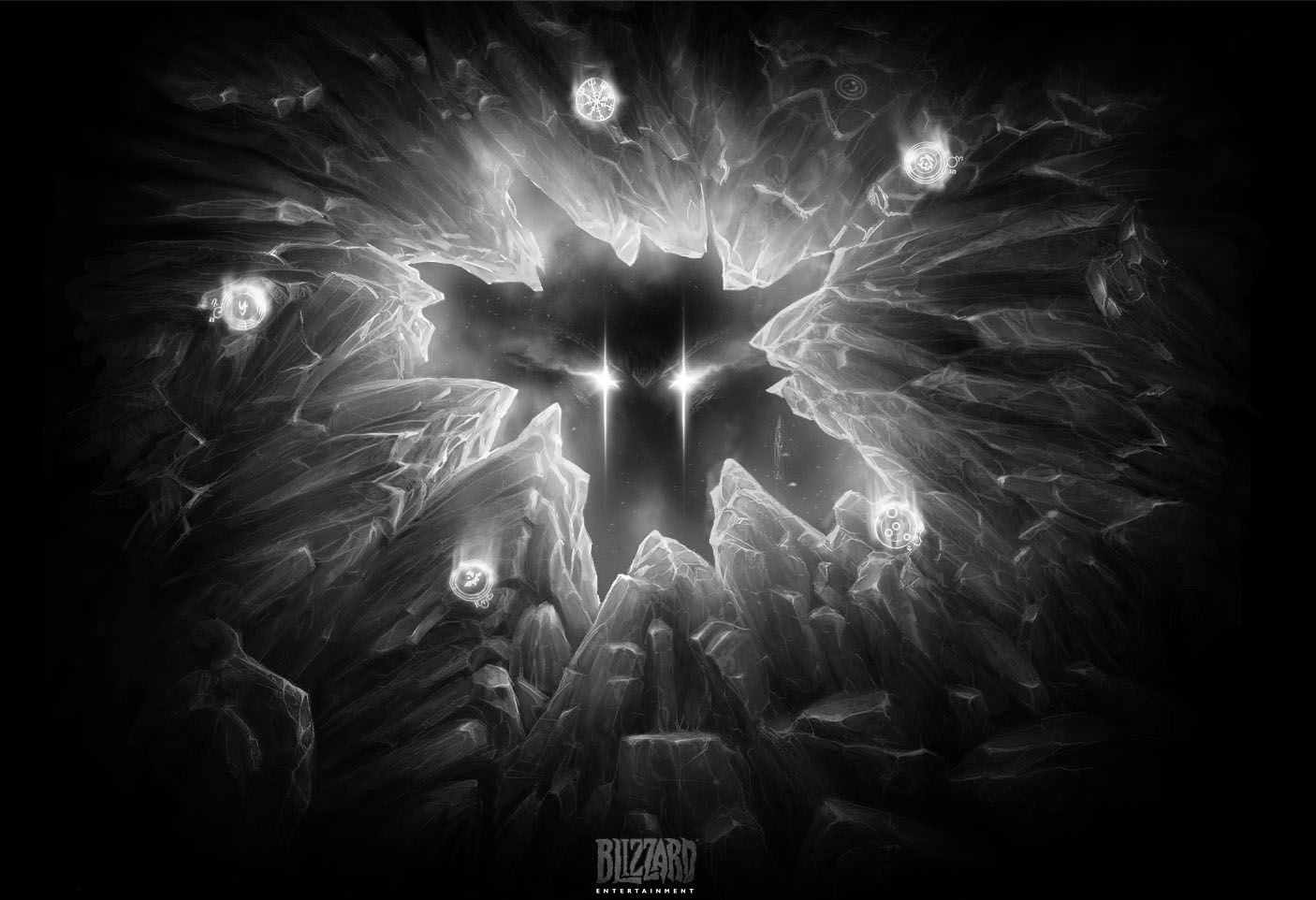 A recolored version of the Frozen Throne Ice Chamber Glacier wallpaper, into black and white.