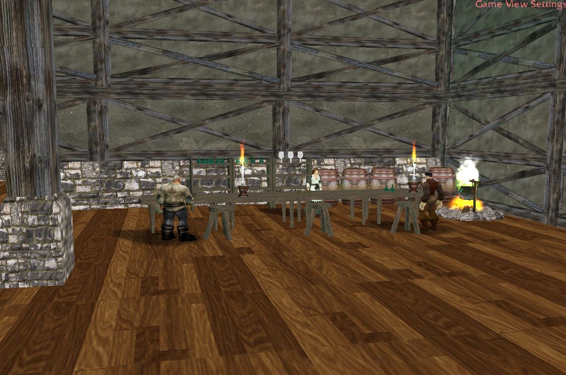 A screenshot from the inside of the Outskirts Tavern, a few zones west of the starting zone. You will be able to walk into most large buildings throug
