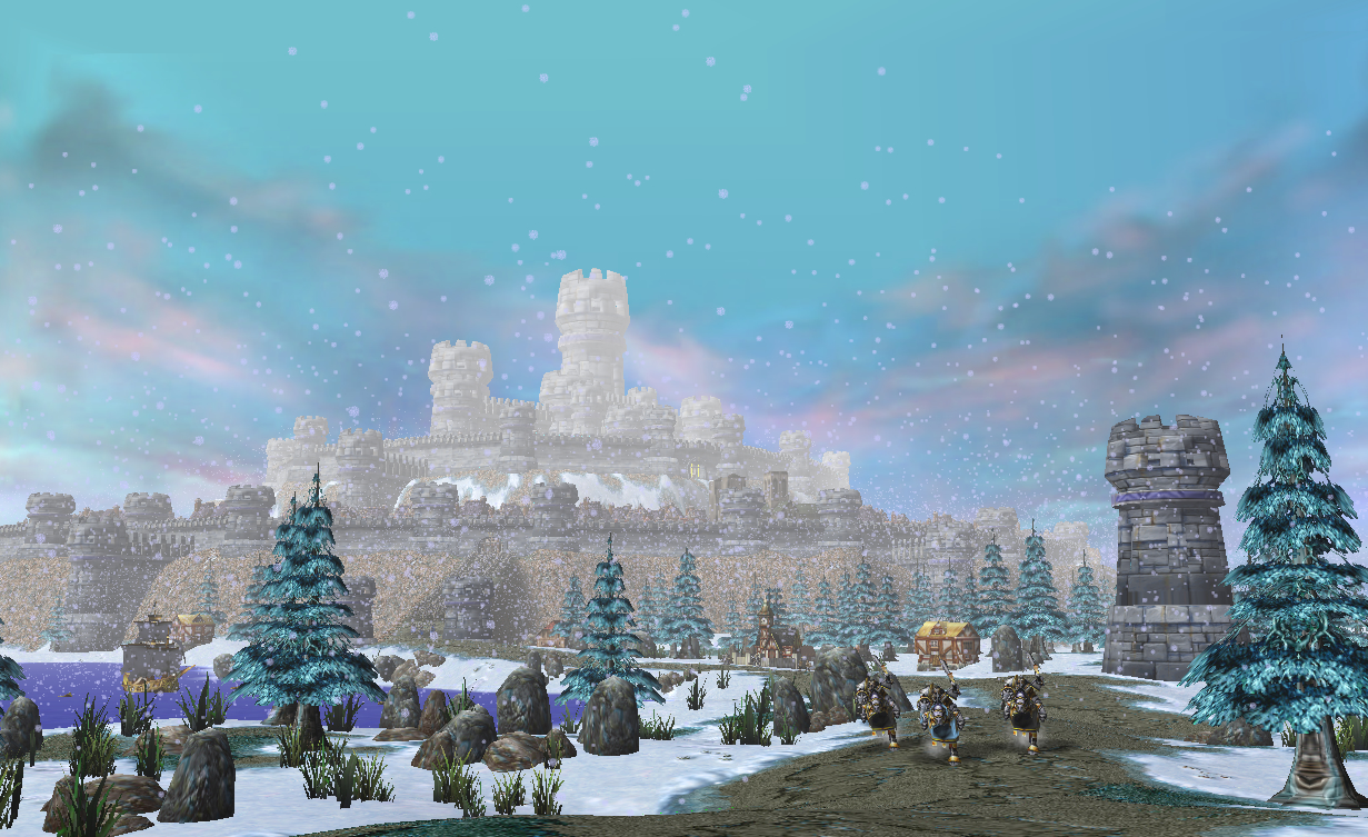 A view of a large city on a mountain from a road leading up to it, with an army marching from the city gates down along the road.
