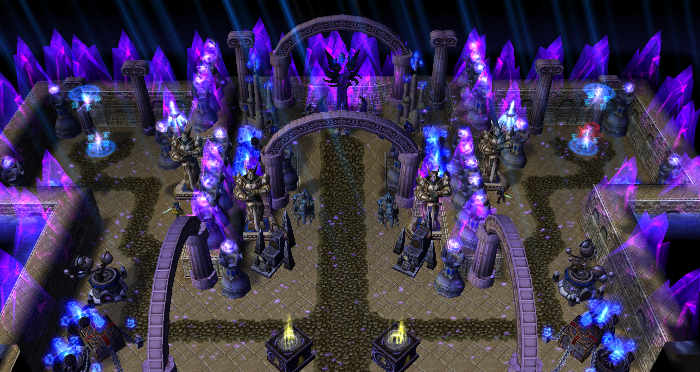 A view of Inner Exodar, with portals to Shattrah City on the Right, and a portal to Azuremyst Isle on the Left. The buildings and doodads are not impo