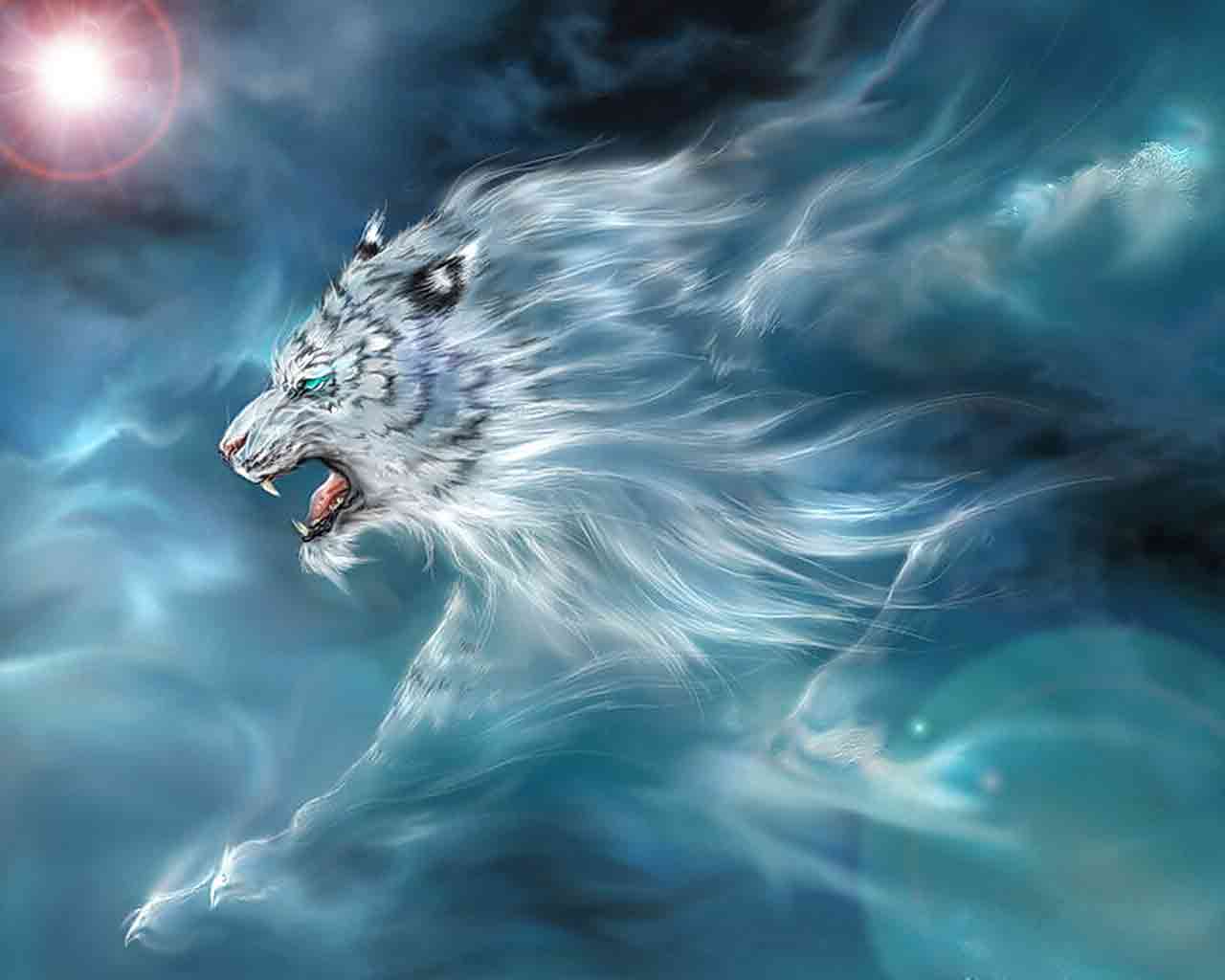A white tiger in pursuit, mystically bound to the magic mist.