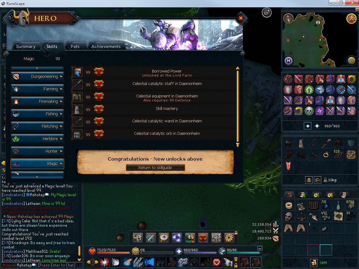 After killing a ganodermic beast, I levelled my magic skill. I am now level 99. :D

Magic is the 8th skill in order to have been maxed, 18 more to g