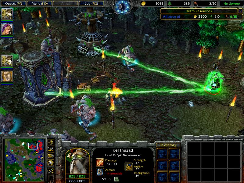 After the cinematic. Kel'Thuzad becomes invulnerable and is safeguarded by two generators located within a Gargoyle Spire and a Slaughterhouse. If the
