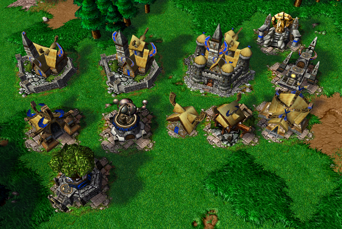 All High Elf buildings: Sanctuary, Refuge, Haven, Barracks, Altar of the Arcane, Hall of The Arts, Lumber Mill, Home, Khadgar's Library, Roost and Arc