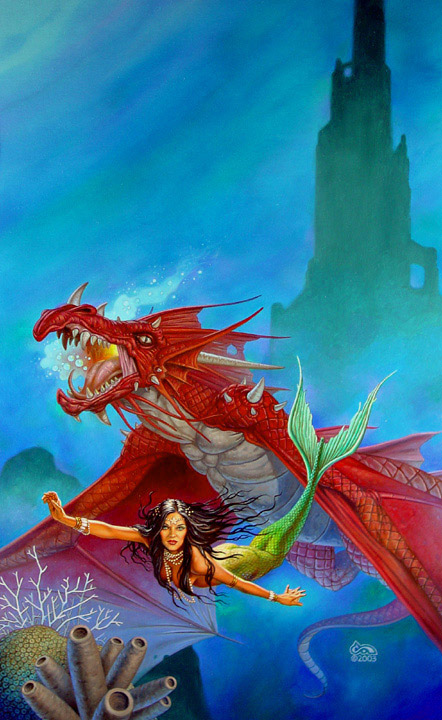 An aqua dragon swiming with a mairmaid