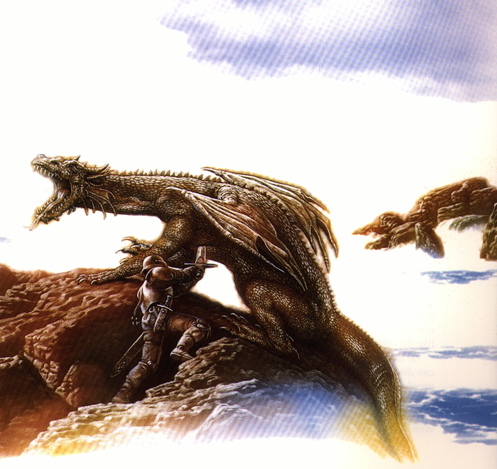 An brawn dragon that is beeing cut by a sword