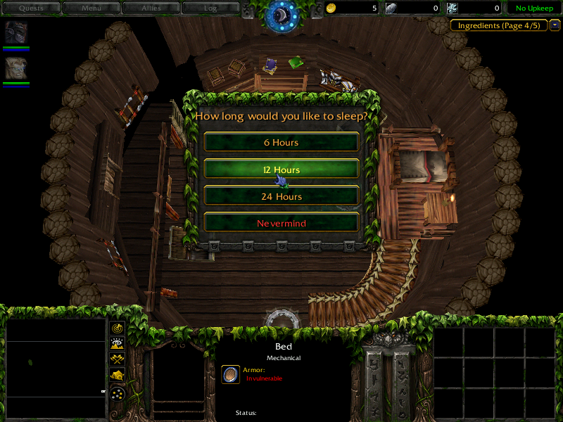 An example of the Sleep System dialog box. Time of day matters for some quests so this allows you to pass time quickly. It also replenishes HP and Man