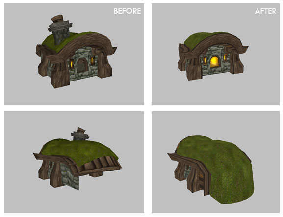 An example of what I meant by "Poly Reduction and Mesh Editing"
Cottage Poly Reduction:
- 166kb mesh size into 80kb
- 14 texture usage into 4 textu