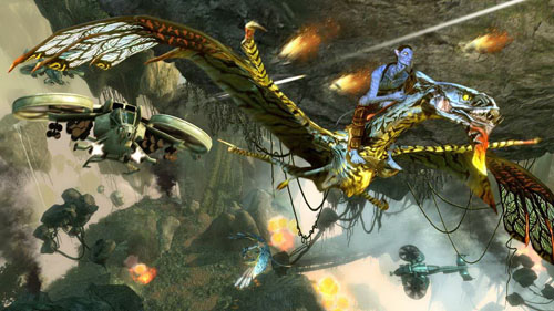 An ikran flying away from human airships