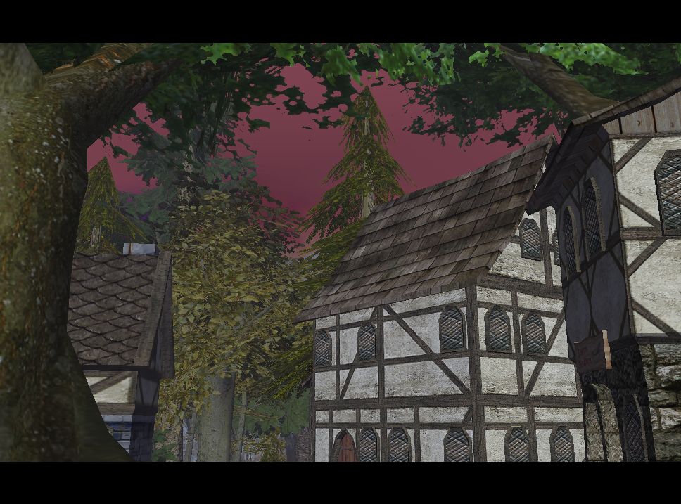 As we peek around the massive tree, we can see a couple houses tucked away into the forest .