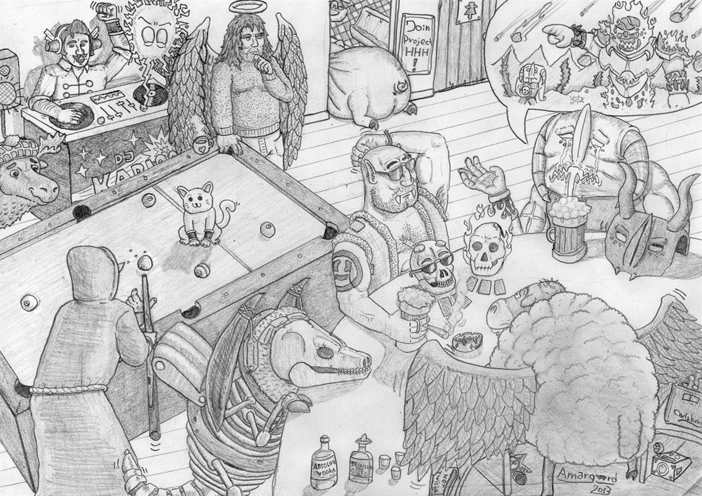 At Gyro's Final

List of characters included in the drawing
*Alagremm, the cultist playing pool.
*Am'ar Gaardos (Amargaard), the orc in the bar.