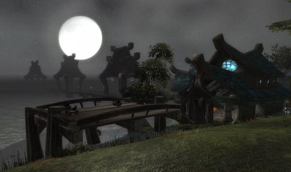 Auberdine, Darkshore. The full moon shines on the docks and hippogriffs of the Alliance territory.