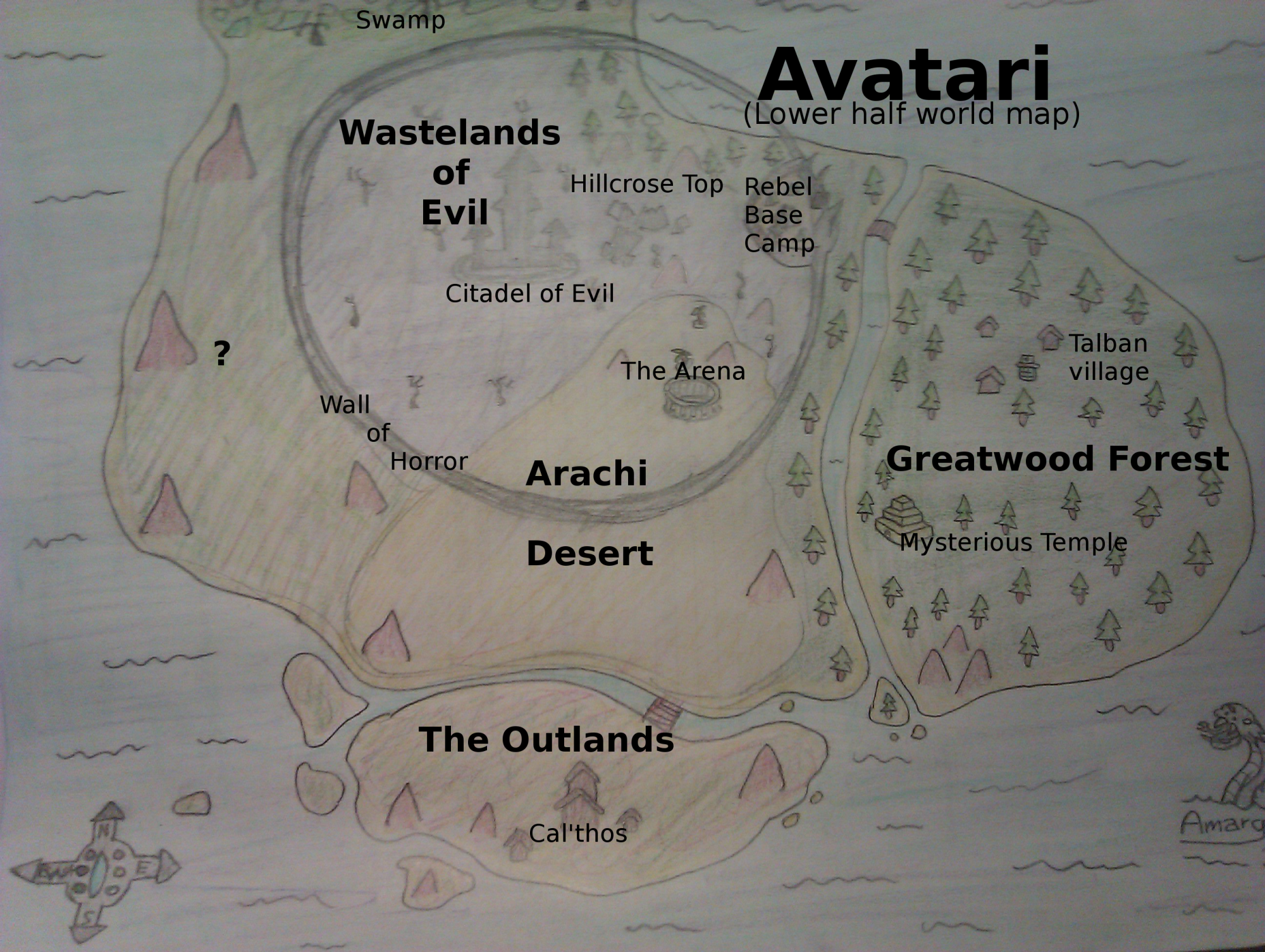 Avataria Lower half World Map

It is based on the posts from #1 & #2, and most of it can be changed heavily (additions to the continent as well as t