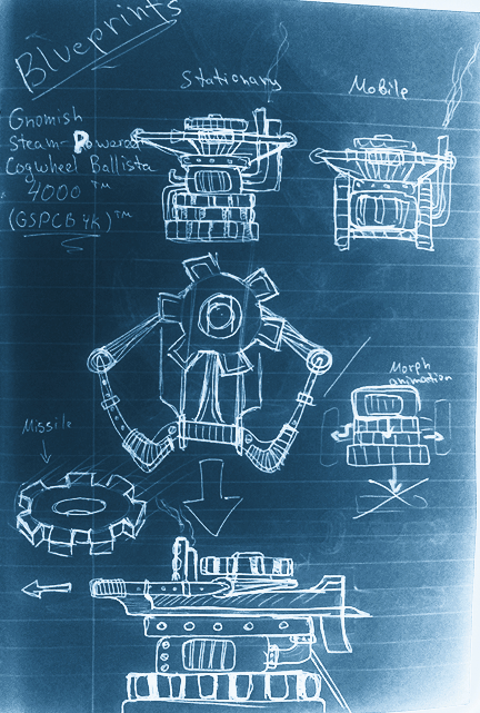 Blueprints - Gnomish Steam-Powered Cogwheel Ballista 4000 (tm)
a.k.a. Project [GSPCB4K]