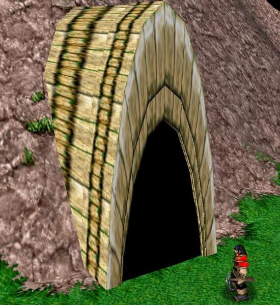 Cave entrance made out of archways and walls.