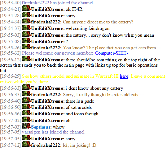 Chatroom Mayhem 1

Who wants a cat? (Sorry, I didn't get screenshot, only copy/paste)