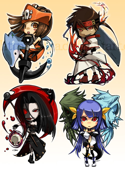 chibi (lil', cuter) version of some characters from Guilty Gear (that girl with anchor - May, that man with huge sword - Sol Badguy in Holy Knight ver