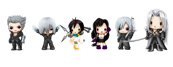 chibi version of charcters from FF7 (from left to right - Loz Kadaj, Yuffie, Tifa, Yazoo and Sephiroth)