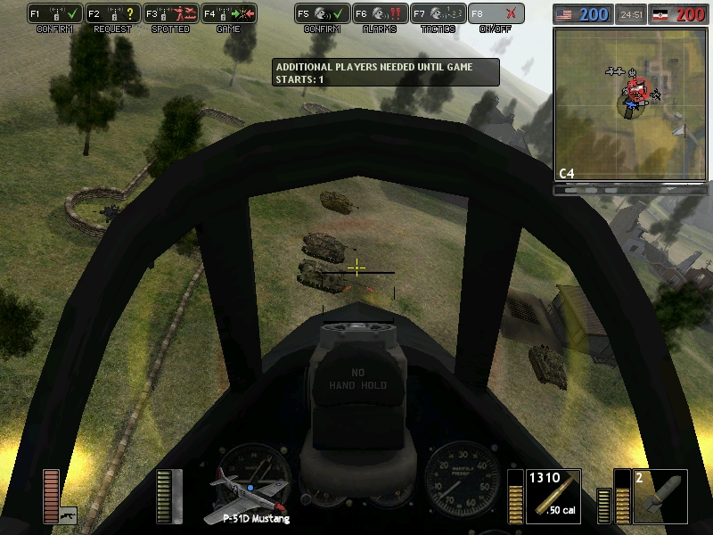 Cockpit view of the P-51, firing her cannons against German armor.

~Took from Battlegroup 42, a mod for Battlefield 1942