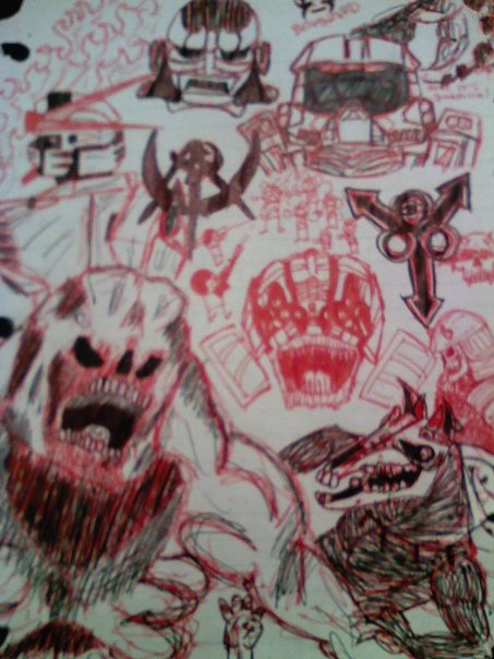 collage in red and black ink