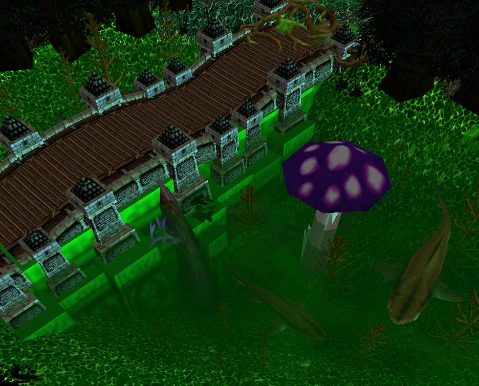 Don't touch the feesh, they bite. This is a bridge going over the poison lake, it got poison cuz of mushroom spores.