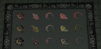 Dungeoneering Food: (Left to right)

Heim Crab, Red Eye, Dusk Eel, Giant Flatfish, Short Finned Eel

Top row: Cooked
Mid row: Raw
Bottom Row: Bu
