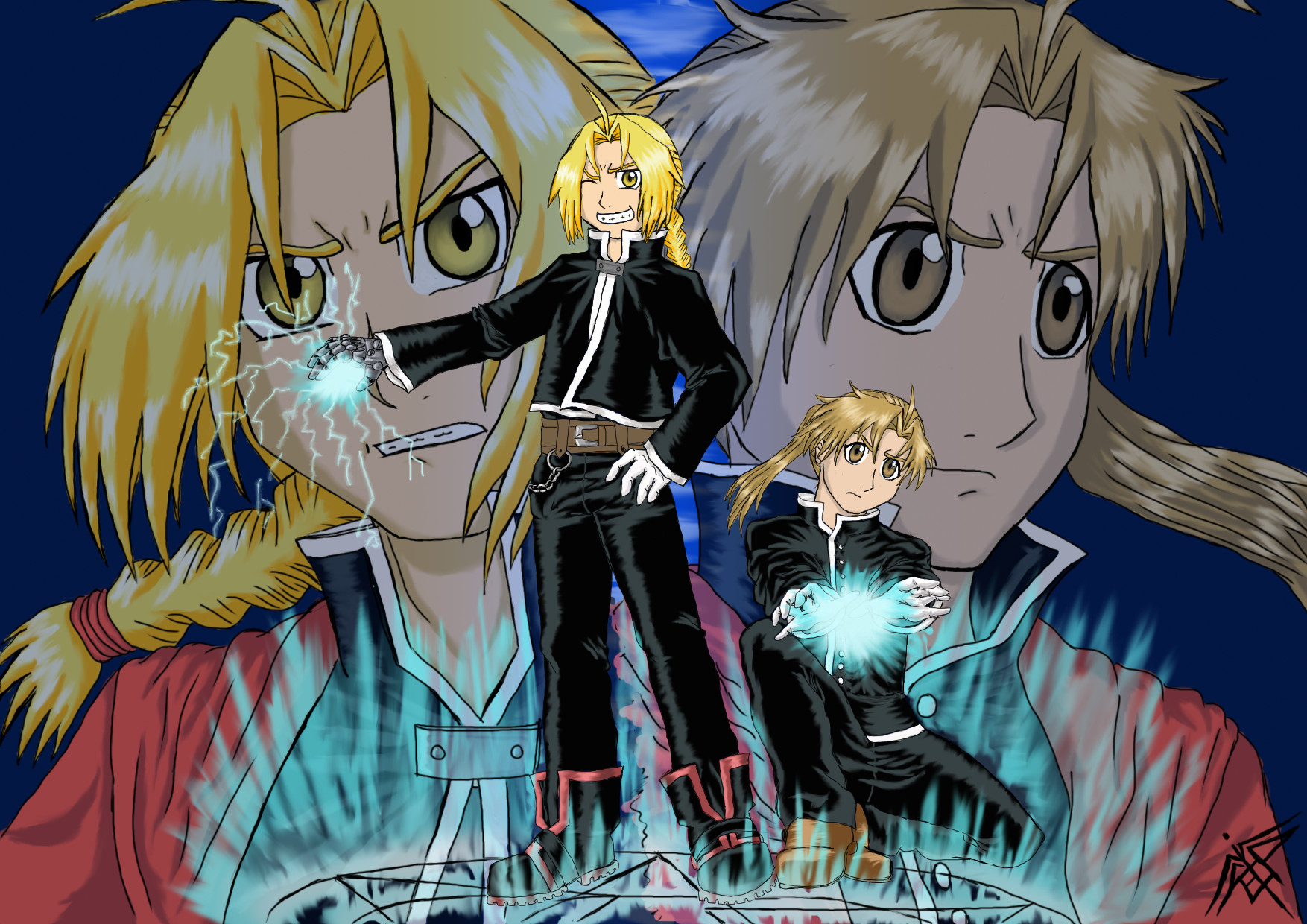 Edward Elric and Alphonse Elric.
On the right : Alphonse Elric.
On the left : Edward Elric.