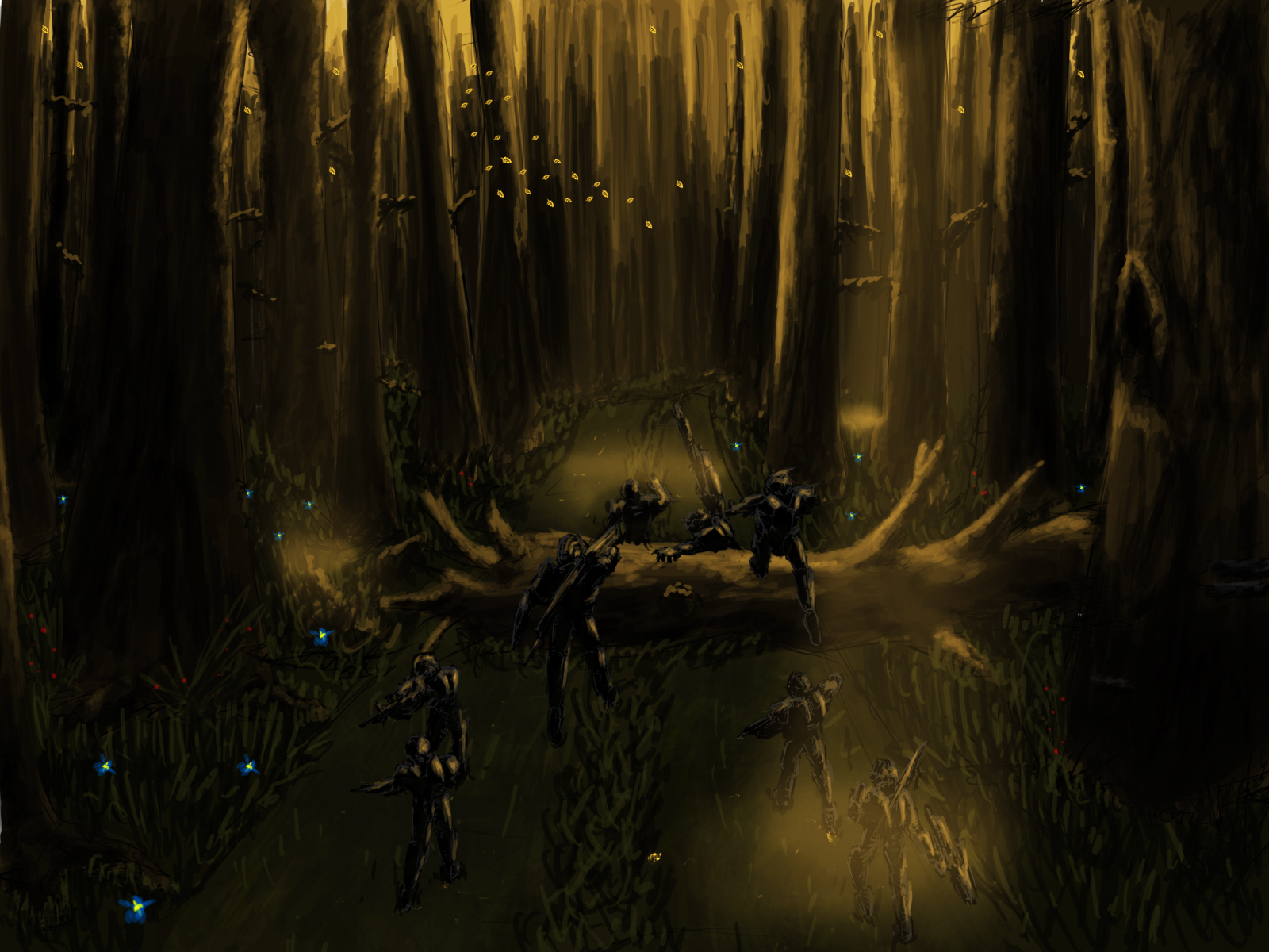 ENC unit in forest - Concept art of European Navy Corporation soldiers in a forest on a scout mission.