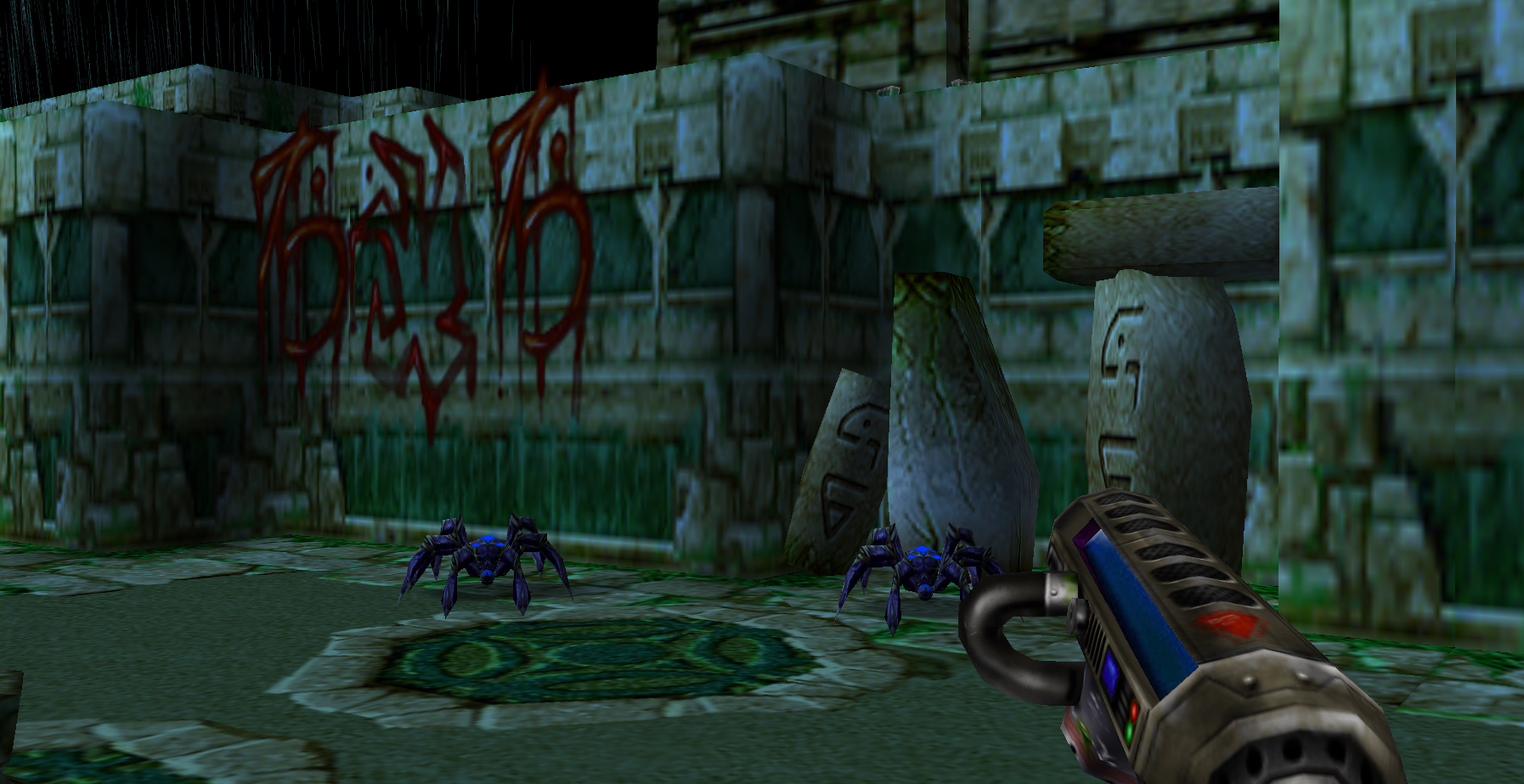 First Person WC3 Shooter Screenshot Mockup - Widdle Spiders inside the Alien Temple World's Temple Complex Interior