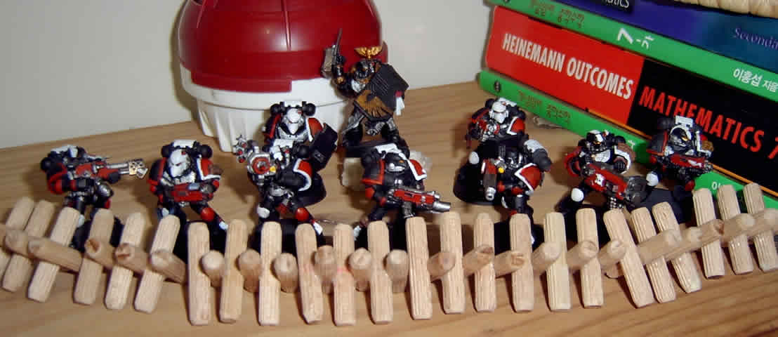 group shot
a pic of my 10 man marine squad
all of them unique
left to right
Flamer
plasma (heavily scratch made)
Missile Launsher
extra large c