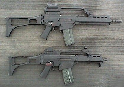 HK G36 and the G36c compact carbine, same caliber in 5.56x45mm